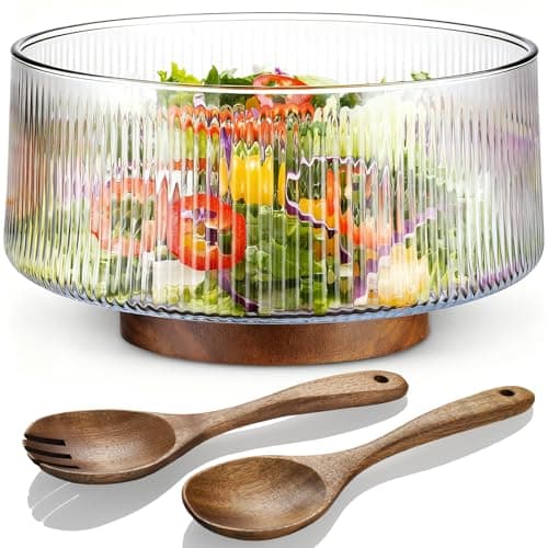 Image of NiHome Extra Large 4500ML Glass Salad Bowl with Natural Acacia Wood Base & Wooden Salad Servers for Family Dinners, Parties, Gatherings, Multipurpose Oversized Glass Bowl for Salads