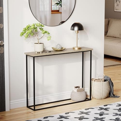 Image of Vida Designs Narrow Console Table 100cm | Slim Hallway Table for Small Spaces | Industrial Metal Frame & Wood Effect Top | Modern Entryway/Sofa Table | Easy Assembly | Oak & Black