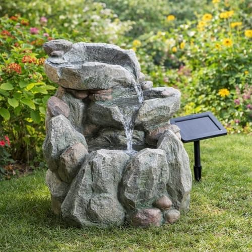 Image of Festive Lights - 51cm Solar Rock Fall Water Fountain with Cascading Streams - Grey Stone Effect, Weatherproof Polyresin, Outdoor Garden Feature - IP44 Rated, Self-Contained, Recirculating Pump