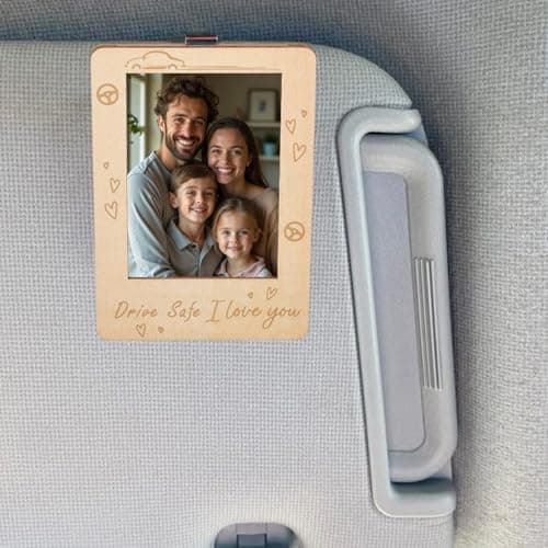 Image of PRESSINART Visor Photo Frame Drive Safe I Love You Wooden Car Picture Holder with 201 Stainless Steel Eyeglasses Holder Clip Rectangle Interior Accessories Photo Display Gifts for Family Friends Dad