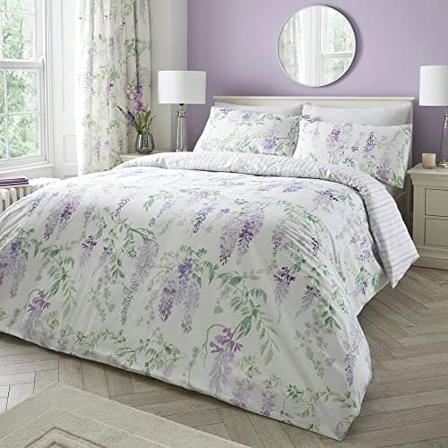 Image of Dreams & Drapes - Purple Floral Wisteria Duvet Cover - Super King Bedding Size (260 x 220cm) - Reversible Design (Purple Stripe) - Easy Care & Washable - Flower Duvet Cover in Lilac/Lavender Colour