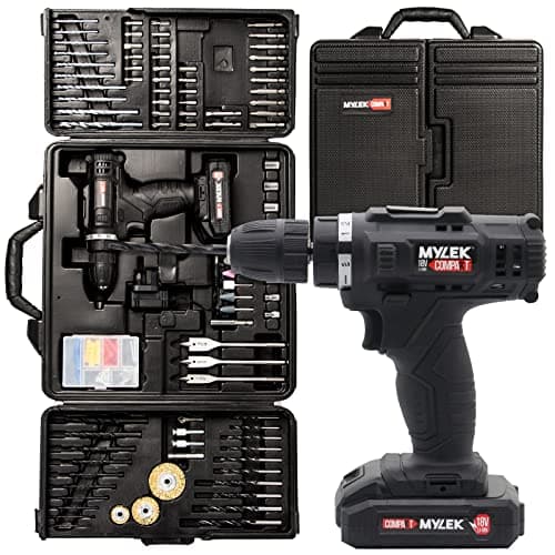 Image of MYLEK MYBMC092 18V Cordless Drill Electric Driver Set, Lithium Ion Battery, 18 Volt Combi Screwdriver Pack, Black, 151 DIY Piece Accessory Kit and Carry Case