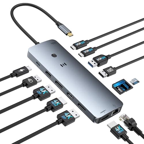 Image of Selore USB C Docking Station 3 Monitor, 14-in-1 Triple Display Dock with 2 HDMI DP 4K@60Hz, 100W PD, Gigabit Ethernet, USB 3.0 5Gbps, SD/micro SD, Multiport Adapter for Dell, HP, Mac Laptops