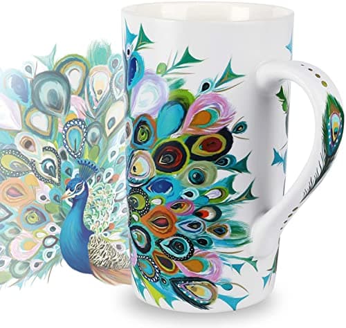 Image of NymphFable Ceramic Coffee Mug 18oz Peacock Coffee Cups with Handle Personalized Baking Pattern Tea Cup Large