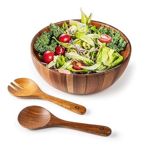 Image of BF BILL.F SINCE 1983 Acacia Wood Salad Bowl Set, Wooden Server for Fruit & Salad - Family-Sized, 30cm Large, 3Pcs- Natural, Durable, and Stylish