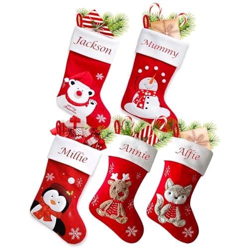 Image of Hoolaroo Personalised Embroidered Christmas Stocking Red Kid's Fluff Penguin Design Xmas Stockings Baby Kids Children 1st