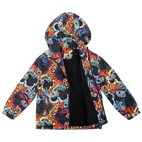 Image of LACOFIA Boy's Waterproof Jacket with Fleece Lined Kid's Windbreaker School Hooded Coat Children Outdoor Raincoat for Autumn/Winter Scrawl 7-8 Years
