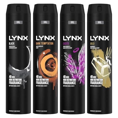 Image of Lynx XXL Body Spray for Men 4 Pack Bundel of 250ml Each in Black, Dark Temptation, Excite & Gold with Long-Lasting Deodorant for 48 Hour Freshness & Irresistible Fragrances