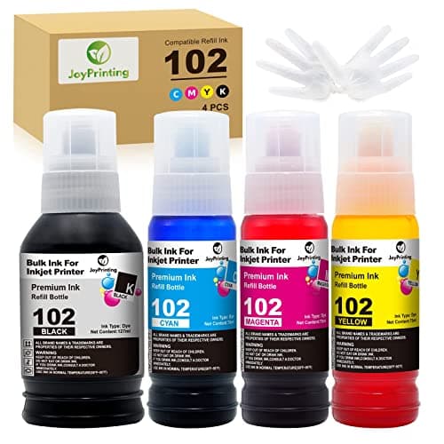 Image of JoyPrinting 102 Ink Replacement for Epson 102 Ink Bottle Refills Compatible with Epson EcoTank ET-2750 ET-2700 ET-2756 ET-2850 ET-2856 ET-2851 ET-3700 ET-3750 ET-4750 ET-4850 ET-4856 (BK/C/M/Y, 4-PK)