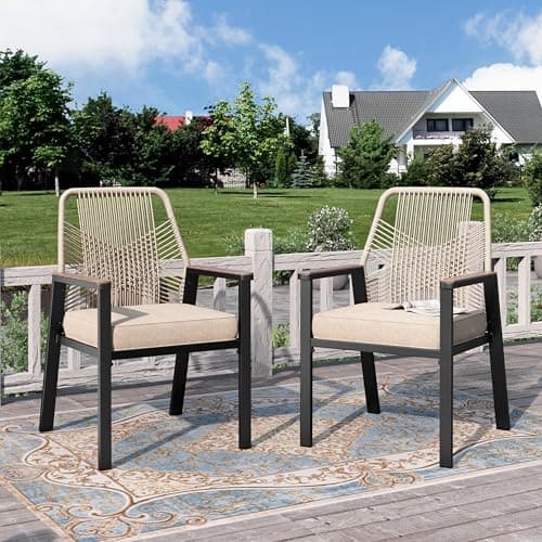 Image of PHI VILLA Garden Chairs Set of 2, Outdoor Deck Chairs Arm Chair with Rattan Rope Backrest, Wood Armrests, Extra Thick 8cm Cushions and E-coating Metal Frame for Backyard Balcony Porch, Beige