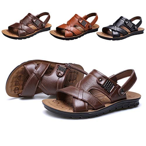 Image of Men's Leather Sandals With Adjustable Strap - Non-Slip Lightweight Breathable Hiking Sandal for Beach and Trekking - Flat Comfortable Bathing Shoes
