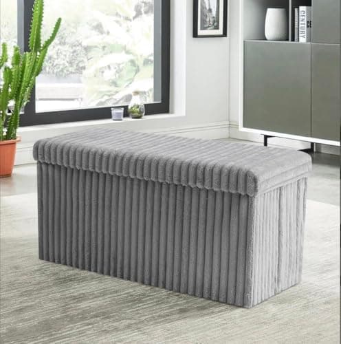 Image of BLOOM BLENDS Ribbed Velvet Storage Ottoman Box – Foldable, Stylish & Multi-Purpose Seat with Lid | Available in 5 Colours | Bedroom, Living Room, Entryway (Grey, Large (76x35x36cm))