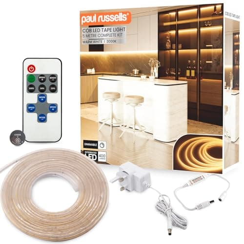 Image of paul russells COB LED Strip Light, 24V- 5Watt/M, 320 LEDs/M, Warm White 3000K, 2300 Lumens, 5M Flexible Tape Light, IP65, High CRI 90+, DIY Indoor Lighting for Home, Cabinet & Decoration (Dimmable)