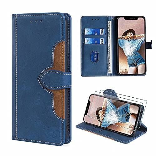 Image of FMPCUON for Nokia 7.1 Case,Nokia 7.1 Leather Wallet Cover,Flip Folio Protective Phone Case with Wallet Card Holder + Tempered glass *2,Blue