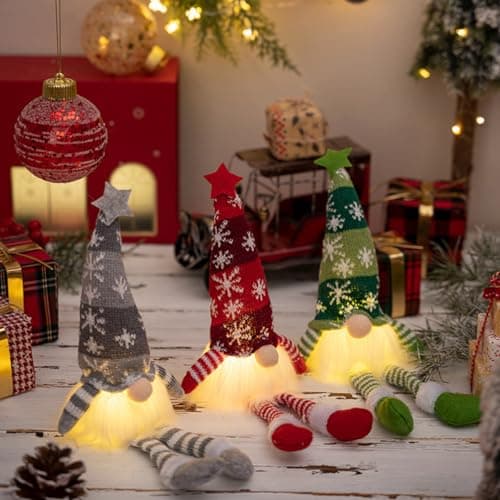 Image of Bulla Christmas Gnome Decoration Set of 3, Light Up Gnome Christmas Decorations, Christmas Gonks Gnomes Plush Swedish, Gnome Christmas Jumper Large Grey Pink, UK Christmas Elves Xmas Decorations