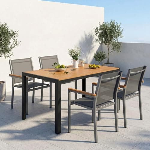 Image of LIFERUN 5 Piece Patio Dining Sets, 110x70x73cm Aluminium Garden Table with Parasol Hole, 4 Stackable Textilene Chairs with WPC Armrests for Garden, Terrace, Backyard & Poolside