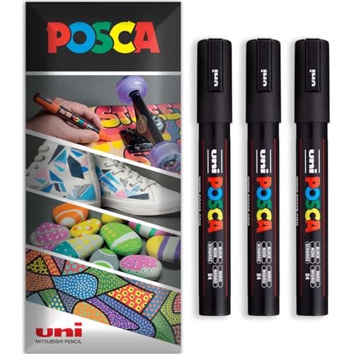 Image of Posca Water Based Acrylic Paint Marker Pens | Multi Surface Use Permanent Paint Pen | Pack of 3 Pens in Envelope Gift Packaging | Glass, Fabric, Canvas, Wood etc | PC-5M, Black