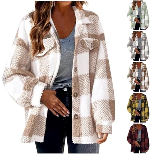 Image of Check Jackets for Women UK Plus Size Women's Checked Flannel Shirt Long Sleeve Plaid Shacket Casual Button Down Lapel Jacket Coat Outwear Casual Vintage Shirt Jacket Fall Thick Shirts