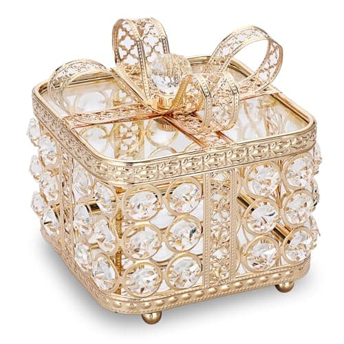 Image of TOLIDA Crystal Jewelry Box with Lid - Glass Trinket Box with Bow Lid, Sparky Desktop Storage Box for Earrings Rings Jewelry Bracelets (Gold, Small)