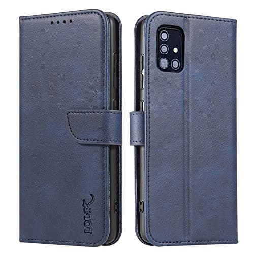 Image of LOLFZ Wallet Case for Samsung Galaxy A51, Vintage Leather Book Case with Card Holder Kickstand Magnetic Closure Flip Case Cover for Samsung Galaxy A51 - Blue