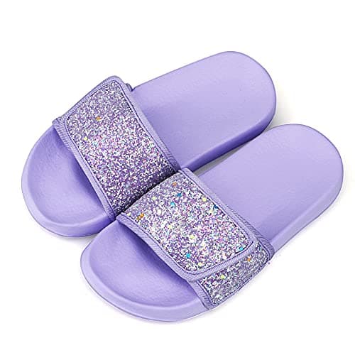Image of Girls Glitter Sliders Fashion Summer Slippers Non-Slip Slide Sandals Lightweight Beach Pool Shoes for Indoor Outdoor,Purple,Size 2UK (Label 34)