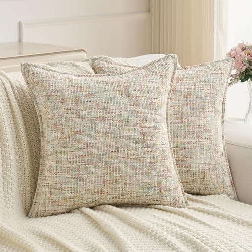 Image of FUTEI Set of 2 Chenille Tweed 45cm x 45cm Cushion Covers Soft Farmhouse Decorative Pillow Covers 45 x 45 cm Vintage Scatter Cushions for Sofa Bed Living Room, Colorful