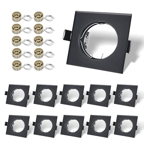 Image of LteelDay 10-Pack Matte Black Square Recessed Light Frames with VDE GU10 Sockets – 80x80mm, Cut-Out 55-70mm, Includes Spring Clips – No Bulb