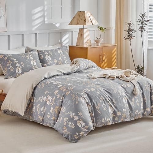 Image of Tokokimo Super King Duvet Set, Floral Printed Grey Super King Duvet Cover (1x Duvet Cover 260x220 cm, 2x Pillowcases) Super King Size Duvet Cover Sets Microfiber, Grey/Floral
