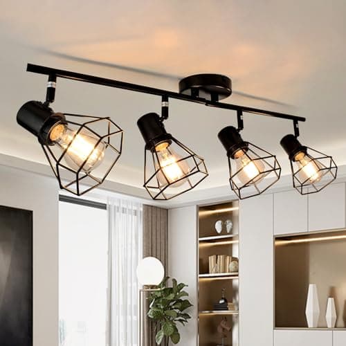 Image of Unikcst 4 Way Ceiling Spotlights Black Spot Lights Ceiling E27 Rotable Spotlights Fitting Industrial for Kitchen Bedroom Living Room Office Hallway Lounge, No Bulbs