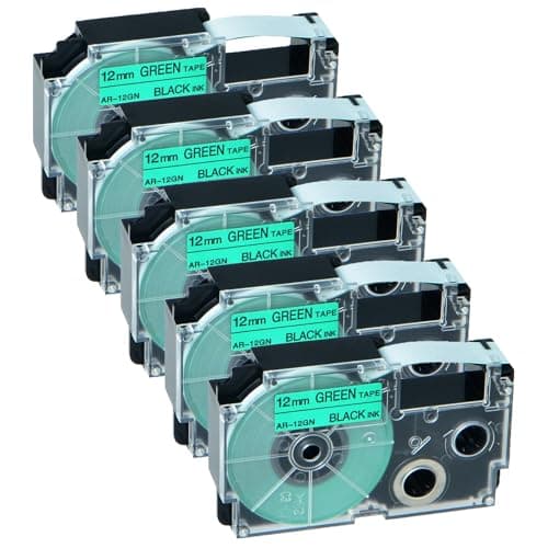 Image of NineLeaf Compatible for Casio Label Maker XR-12GN XR-12GN1 12mm x 8m Black On Green Label Tapes for Casio KL-60 100 120 200 300 750 780 820 2000 7000 7200 7400 8100 8200 P1000 Label Printers, 5PK