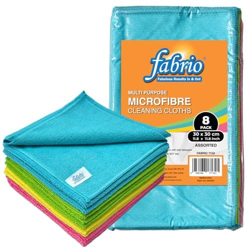 Image of FABRIO Microfibre Cleaning Cloths – Pack of 8, 30x30cm, Ultra-Soft, Lint-Free, Super Absorbent Towels for Kitchen, Car, Glass, and Multi-Surface Cleaning – Assorted Colours