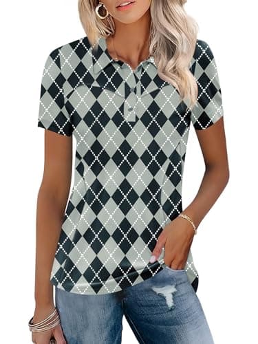 Image of IECCP Womens Short Sleeve Golf Polo Shirts Cotton Collared Quick Dry Lightweight Moisture Wicking T-Shirt Summer Work Casual Tennis Tops 3 Buttons 2026 (Black Argyle,XL)