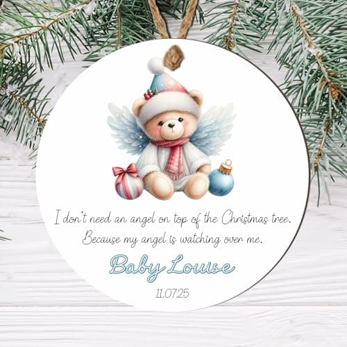 Image of Personalised Angel Baby Christmas Tree Decoration - Custom Teddy Bear Wings Hanging Bauble For Boy Baby Girl Born Sleeping Keepsake (With Baubles - White, MDF Wood - Indoor Use Only)
