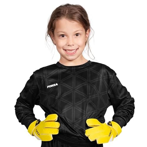Image of FORZA Kids' Goalkeeper Long Sleeve Shirt | Youth Football Jersey with Quick-Dry Fabric - Ages 5-14 (UK, Age, 7 Years, 8 Years, Regular, Black)
