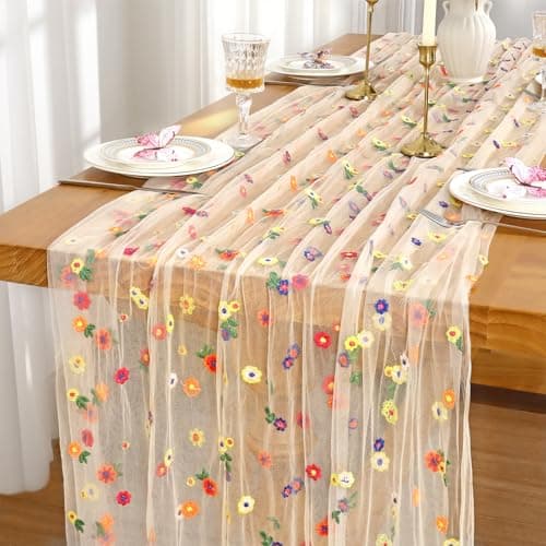 Image of Dremisland Champagne Embroidery Daisy Gauze Table Runner Spring Decor 120 Inch Boho Gauze Cheesecloths Dining Table Runner Flower Table Decor Tulle Table Cover for Kitchen Home Party Wedding Birthday