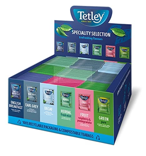 Image of Tetley Specialty Variety Pack - 90 Enveloped Teabags in Six Unique Blends: English Breakfast, Earl Grey, Fresh Mint, Decaf, Green Tea & Raspberry Pomegranate - Great Gift Assortment