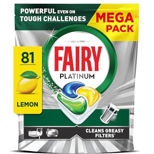 Image of Fairy Platinum Dishwasher Tablets, Lemon, 81 Capsules, Powerful Even on Tough Cleaning Challenges, Clean Dishes, Shiny Machine, Cleans Greasy Filter