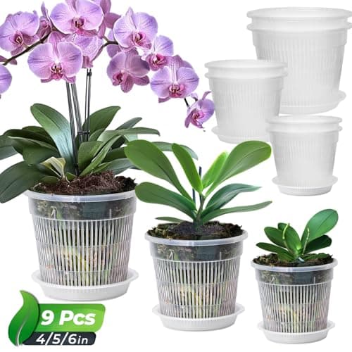 Image of T4U Orchid Pot, 9 Pack Orchid Pots with Holes and Saucers for Repotting, 3 Each of 11/14/16cm, Clear Plastic Flower Plant Pot for Indoor Outdoor Plants, Orchids Planter for Root Health