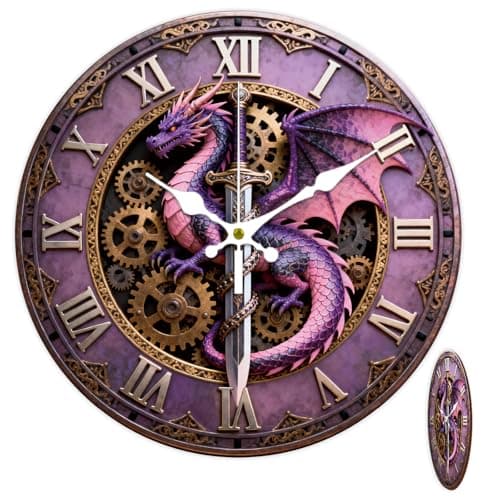 Image of CONCHLERY 12 Inch Steampunk Swords and Dragons Pattern Round Wall Clock Silent Non Ticking Clock, for Home Living Room Bedroom Kitchen Office Decor