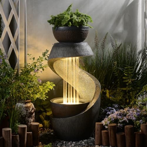 Image of Bumilgar Garden Water Features with LED Lights, 82CM Modern Resin Waterfall Fountain Outdoor, S-Shaped Garden Water Feature for Yard, Balcony, Home Decor, Patio Fountains and Waterfalls, Grey