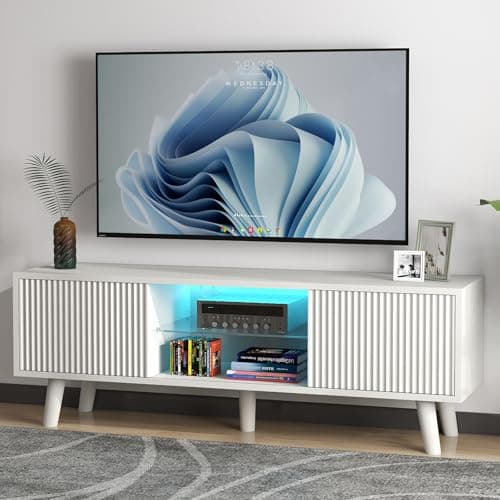 Image of 130CM White TV Stand Cabinets for 50 Inch TV with 2 Storage Doors, LED Lights Wooden TV Unit with Adjustable Glass Shelves, White Matt TV Table Living Room Entertainment Center Media Furniture