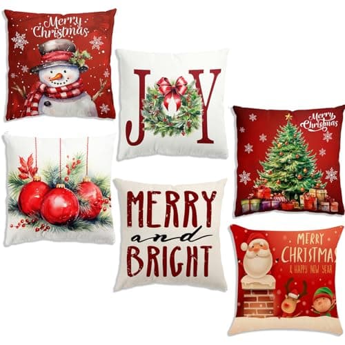 Image of Christmas Cushion Covers Set Of 6, 45 x 45cm Red Christmas Throw Pillow Cover for Sofa, Bedroom, Home Decor, Merry Christma Snowflake Square Pillowcase, Indoor Decor Winter Decorative Pillow Case