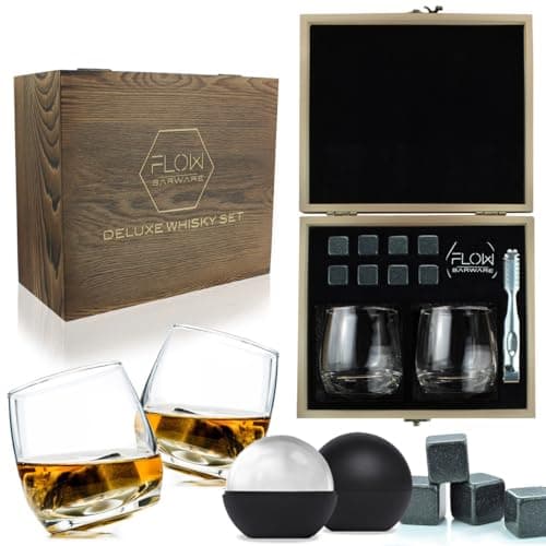 Image of FLOW Barware Rocking Whiskey Glasses Gift Set With Whisky Stones, Ice Ball Moulds | Rotating Spinning Whisky Glass Tumblers For Scotch, Bourbon, Brandy | Gift Sets For Men