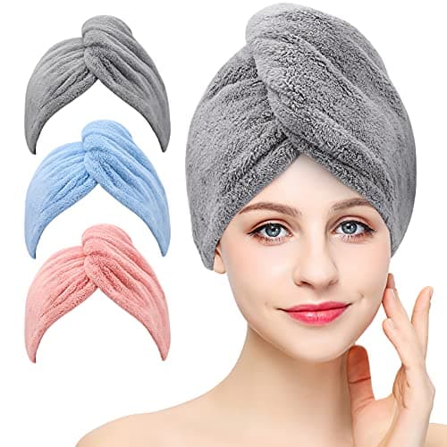 Image of Laicky 3 Pack Microfiber Hair Drying Towel Wrap Super Absorbent Twist Turban Fast Dry Hair Caps with Buttons Bath Loop Fasten Salon Dry Hair Hat (Gray Pink Blue)