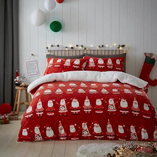 Image of Bedlam Christmas Fleece Duvet Cover Single Bed Teddy Bear Reversible Bedding (140x200cm) – Santa Claus Design – 1 Pillowcase – Red Festive Winter Bedding