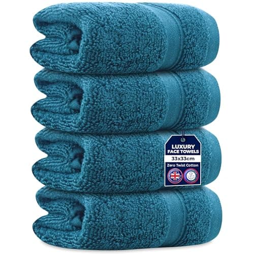 Image of Towelogy 4 Packs Zero Twist Face Cloths 33x33cm - 100% Cotton Washcloths Absorbent & Super Soft Hotel Quality Towels | Oeko-Tex Certified (4, Teal Blue)
