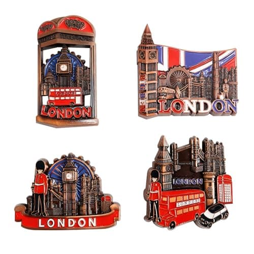 Image of 4PCS London Fridge Magnets Set – 3D Metal British Souvenirs, Double-Decker Bus, Tower Bridge, Union Jack, London Icons Decorative Kitchen Magnets, England Souvenirs Gifts for Friends & Family – Brass