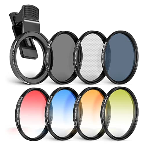 Image of NEEWER 58mm Lens Filter Kit with Phone Lens Clip, CPL, ND32, 6 Point Star Filter, Graduated Filters (4 Colors), Compatible with 15 14 Pro Max 13 12 11 & Canon Nikon Sony Cameras