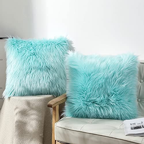Image of OYIMUA Turquoise 16 x 16 Inches Cushion Covers Pack of 2 Fluffy Soft Faux Fur Square Pillowcases, Luxury Home Decorative Super Soft Plush Pillow Covers Case 40cm x 40cm for Sofa Bed Living Room