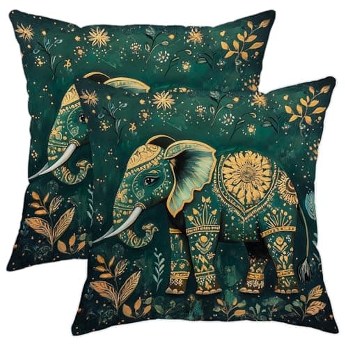 Image of Elephant Pillow Covers Set of 2, Teal Blue Artistic Throw Pillows Case, Outdoor Decorative Square Cushion Covers for Home Sofa Bed Couch 18x18 Inch